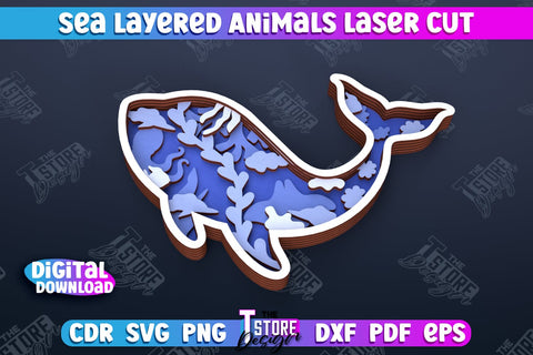Sea Layered Animals | 3D Wood Shape | Nautical Multilayer | Wall Décor | CNC Files SVG The T Store Design 