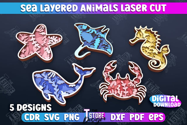 Sea Layered Animals | 3D Wood Shape | Nautical Multilayer | Wall Décor | CNC Files SVG The T Store Design 