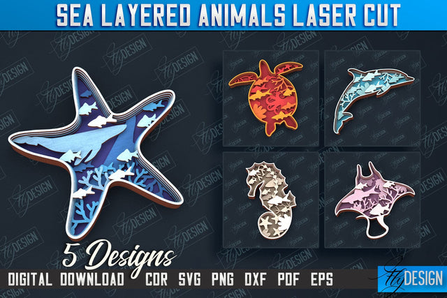 Sea Layered Animals Bundle | 3D Wood Shape | Nautical Multilayer | Wall Décor | CNC File SVG Fly Design 
