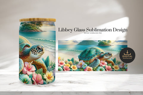 Sea Turtle 16oz Glass Can Wrap, Tropical Floral PNG Design Sublimation BijouBay 