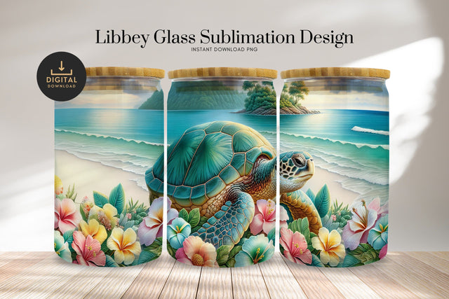 Sea Turtle 16oz Glass Can Wrap, Tropical Floral PNG Design Sublimation BijouBay 
