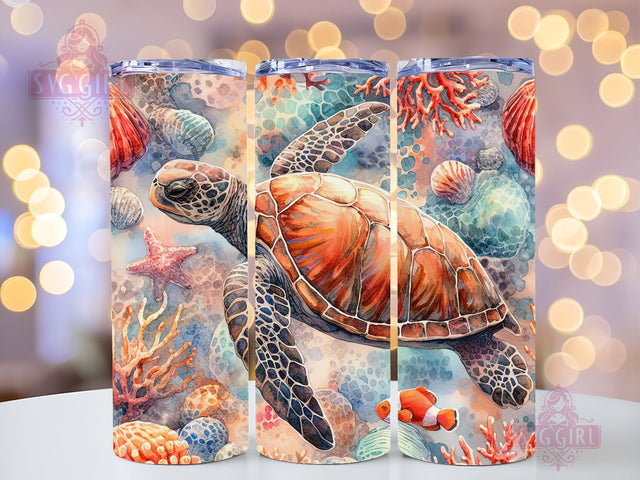 Sea Turtle 20 oz Skinny Tumbler Sublimation Design Digital Download PNG, Straight & Tapered Tumbler Wrap PNG. Colorful Nautical Ocean wrap Sublimation SvggirlplusArt 