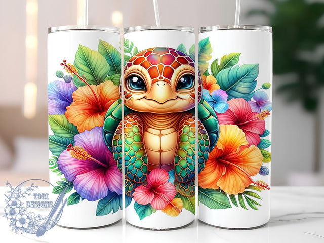 Sea Turtle 20oz Skinny Tumbler, Hibiscus Tropical Floral Turtle Tumbler Png, Straight & Tapered Tumbler Wrap, Instant Digital Download Sublimation ToriDesigns 