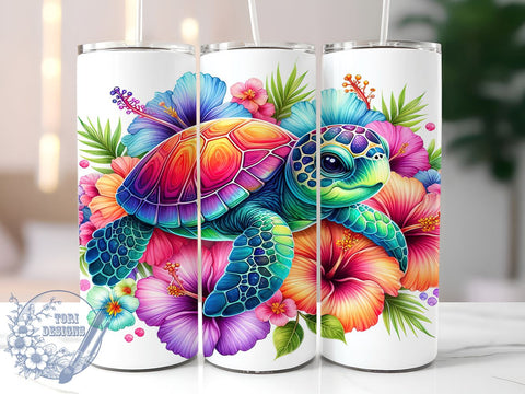 Sea Turtle 20oz Skinny Tumbler, Hibiscus Tropical Floral Turtle Tumbler Png, Straight & Tapered Tumbler Wrap, Instant Digital Download Sublimation ToriDesigns 