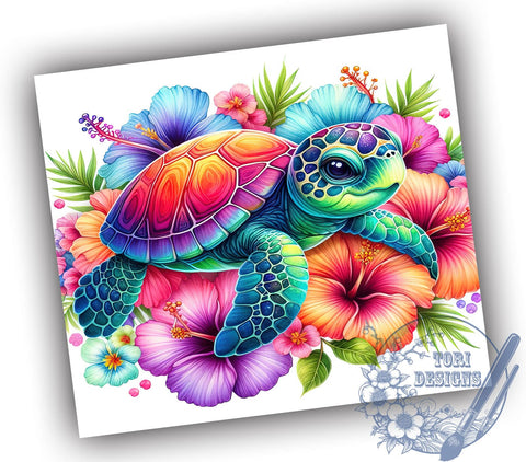 Sea Turtle 20oz Skinny Tumbler, Hibiscus Tropical Floral Turtle Tumbler Png, Straight & Tapered Tumbler Wrap, Instant Digital Download Sublimation ToriDesigns 