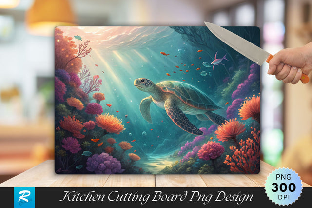 Sea Turtle and Coral Flowers in a Glowing Underwater World Cutting Board PNG Design Sublimation Regulrcrative 