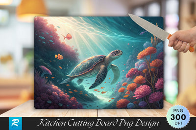 Sea Turtle and Coral Flowers in a Glowing Underwater World Cutting Board PNG Design Sublimation Regulrcrative 
