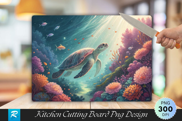 Sea Turtle and Coral Flowers in a Glowing Underwater World Cutting Board PNG Design Sublimation Regulrcrative 