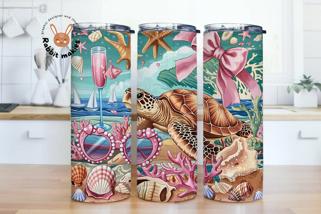 Sea Turtle Beach Ocean Coquette Collage 20oz Skinny Tumbler Wrap Digital Download Seamless PNG, Sea Life Shells Starfish Coastal Digital Art Sublimation Rabbitmakies 