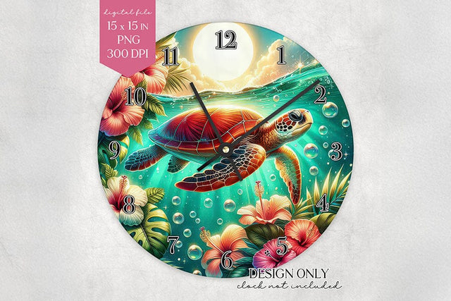 Sea Turtle Clock Face PNG Tropical Beach Wall Clock Sublimation Sublimation BijouBay 
