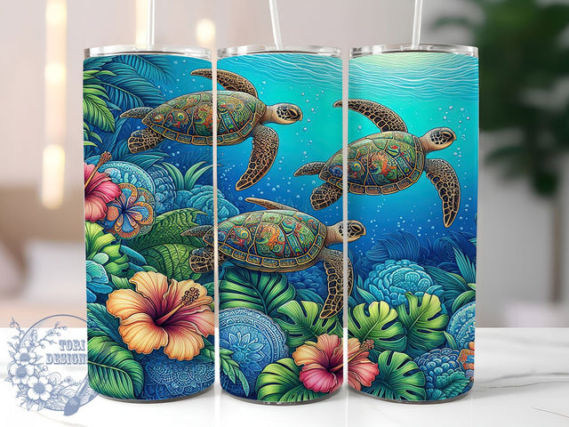 Sea Turtle Floral 20oz Beach Tumbler, Floral Marine Life Tumbler, Ocean Lover Tumbler, 20oz Tumbler Design, Sublimation Tumbler Wrap, Beach Aesthetic Tumbler, Coastal Wildlife Tumbler Sublimation ToriDesigns 