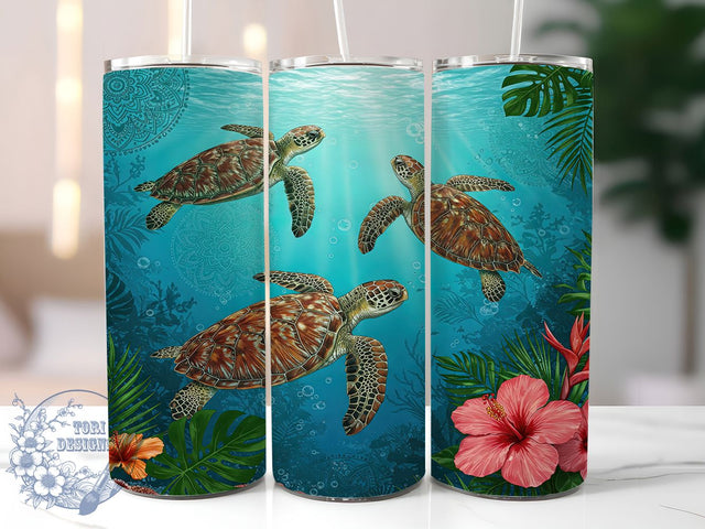Sea Turtle Floral 20oz Beach Tumbler, Floral Marine Life Tumbler, Ocean Lover Tumbler, 20oz Tumbler Design, Sublimation Tumbler Wrap, Beach Aesthetic Tumbler, Coastal Wildlife Tumbler Sublimation ToriDesigns 