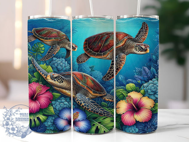 Sea Turtle Floral 20oz Beach Tumbler, Floral Marine Life Tumbler, Ocean Lover Tumbler, 20oz Tumbler Design, Sublimation Tumbler Wrap, Beach Aesthetic Tumbler, Coastal Wildlife Tumbler Sublimation ToriDesigns 