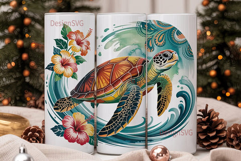 Sea Turtle & Hibiscus 20oz Tumbler Wrap Sublimation DesignSVG 