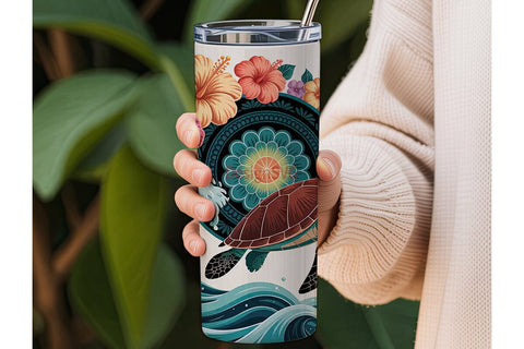 Sea Turtle & Hibiscus 20oz Tumbler Wrap Sublimation DesignSVG 