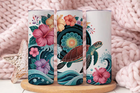 Sea Turtle & Hibiscus 20oz Tumbler Wrap Sublimation DesignSVG 