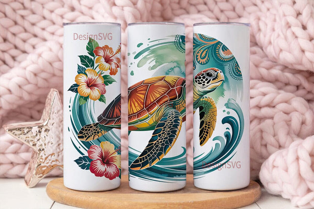 Sea Turtle & Hibiscus 20oz Tumbler Wrap Sublimation DesignSVG 