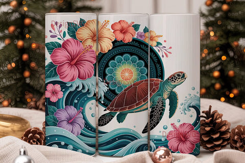 Sea Turtle & Hibiscus 20oz Tumbler Wrap Sublimation DesignSVG 