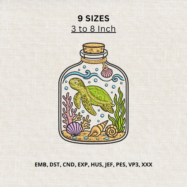 Sea Turtle in a Bottle Machine Embroidery Design – Ocean Marine Life Embroidery File Embroidery/Applique DESIGNS PatternFeed8 