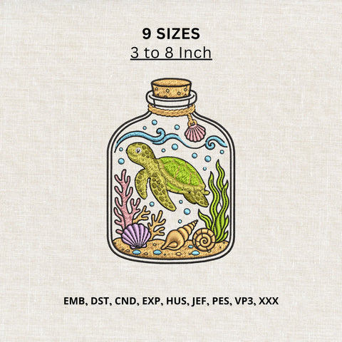 Sea Turtle in a Bottle Machine Embroidery Design – Ocean Marine Life Embroidery File Embroidery/Applique DESIGNS PatternFeed8 
