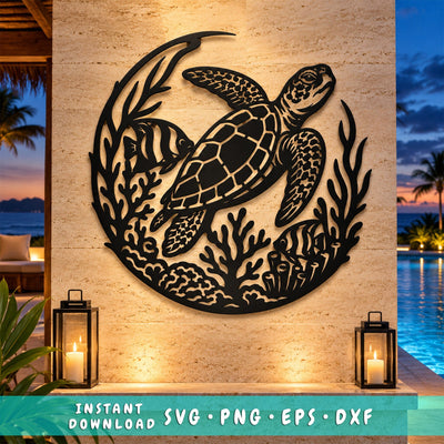 Sea Turtle Laser SVG | Ocean Turtle DXF | Marine Life CNC File | Coastal Metal Wall Art | Underwater Reef Plasma Cut Design SVG HappyDesignStudio 