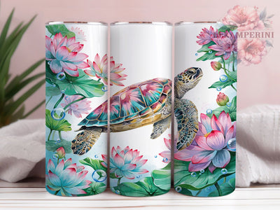 Sea Turtle Lotus Garden 20oz Tumbler, Sea Turtle, Lotus Garden, Marine Life, Floral Motif, Whimsical Charm, Skinny Tumbler, Sublimation PNG Sublimation Li Zamperini 