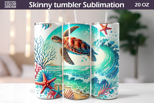 Sea Turtle Ocean Wave Tumbler Wrap Sublimation WatercolorColorDream 