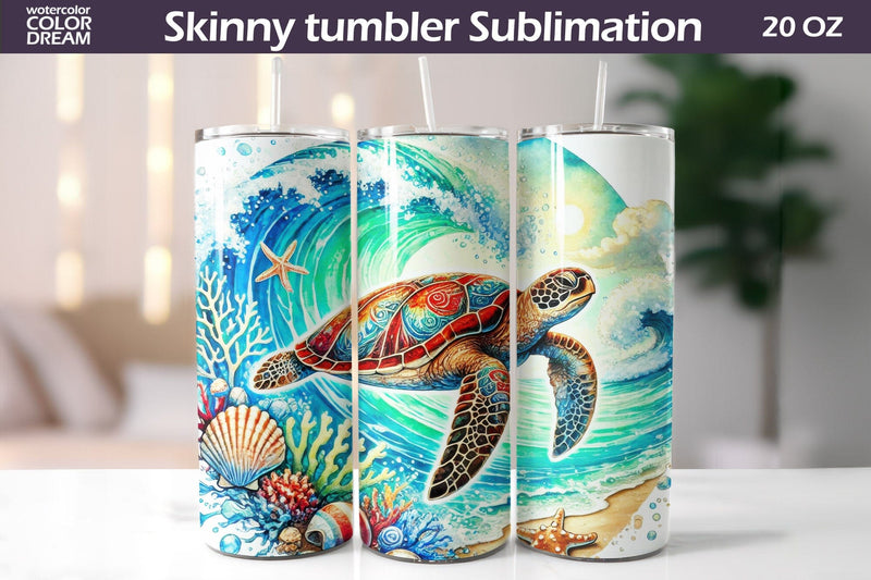 Sea Turtle Ocean Wave Tumbler Wrap Sublimation WatercolorColorDream 