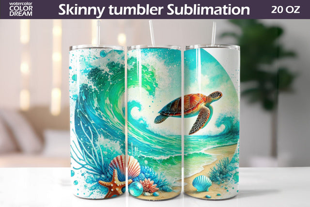 Sea Turtle Ocean Wave Tumbler Wrap Sublimation WatercolorColorDream 