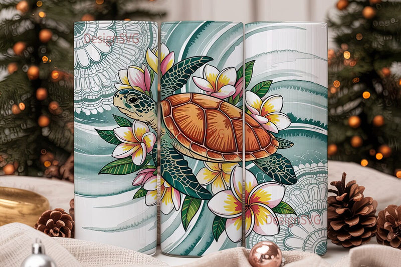 Sea Turtle & Plumeria 20oz Tumbler Wrap Sublimation DesignSVG 