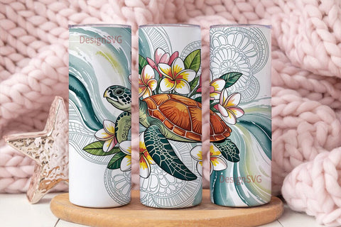 Sea Turtle & Plumeria 20oz Tumbler Wrap Sublimation DesignSVG 
