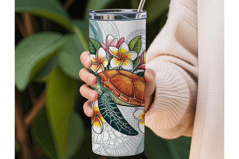 Sea Turtle & Plumeria 20oz Tumbler Wrap Sublimation DesignSVG 