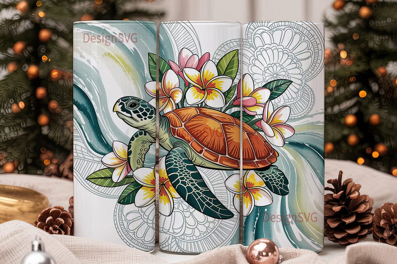 Sea Turtle & Plumeria 20oz Tumbler Wrap Sublimation DesignSVG 