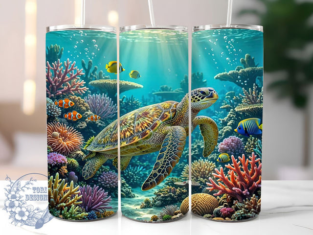 Sea Turtle Reef 20oz Tumbler, Sea Turtle, Coral Reef, Ocean Theme, Marine Life, Tropical Design, Skinny Tumbler, Sublimation PNG Sublimation ToriDesigns 