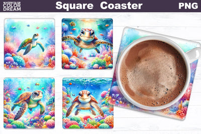Sea Turtle Square Coaster | Watercolor Ocean Square Coaster Sublimation WatercolorColorDream 