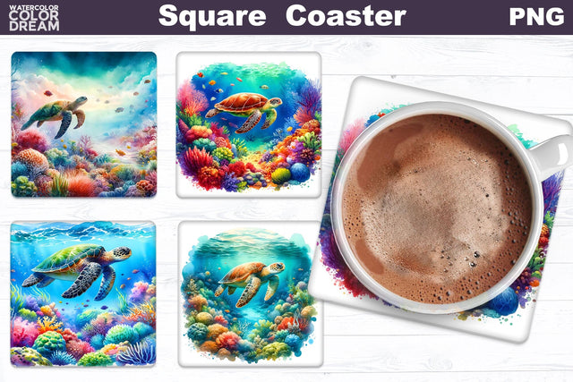 Sea Turtle Square Coaster | Watercolor Ocean Square Coaster Sublimation WatercolorColorDream 