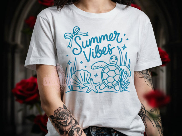 Sea Turtle Summer T-Shirt PNG, Cartoon Line Art, Seashell Motif, Starfish Design, Summer Vibes, Skinny Tumbler, Sublimation PNG Sublimation SvggirlplusArt 