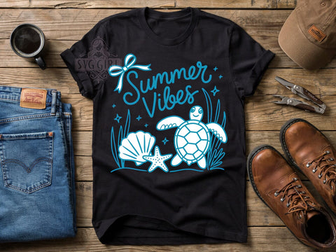 Sea Turtle Summer T-Shirt PNG, Cartoon Line Art, Seashell Motif, Starfish Design, Summer Vibes, Skinny Tumbler, Sublimation PNG Sublimation SvggirlplusArt 