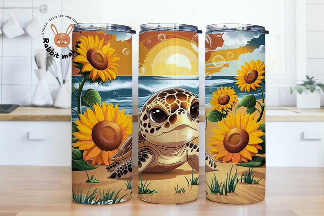 Sea Turtle Sunflowers 20 oz Skinny Tumbler, Sunflowers Tumbler Wrap, Tumbler Sublimation Design, Turtle Tumbler Design PNG Digital Download Sublimation Rabbitmakies 
