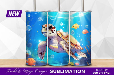 Sea turtle swimming underwater with fish tumbler png Sublimation Regulrcrative 