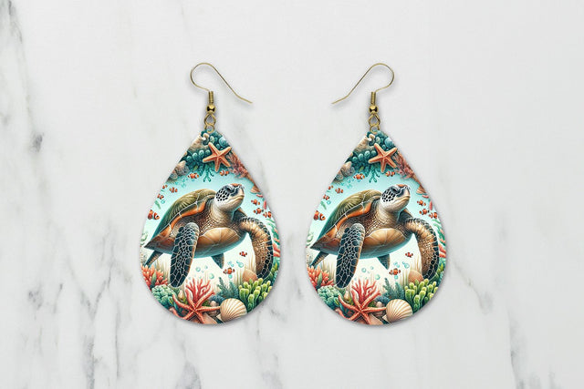 Sea Turtle Teardrop Earrings, Ocean Ear Ring Sublimation PNG Sublimation BijouBay 