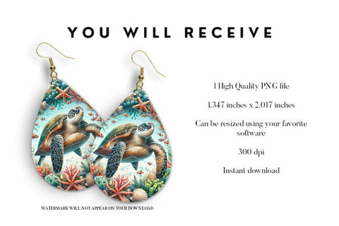 Sea Turtle Teardrop Earrings, Ocean Ear Ring Sublimation PNG Sublimation BijouBay 