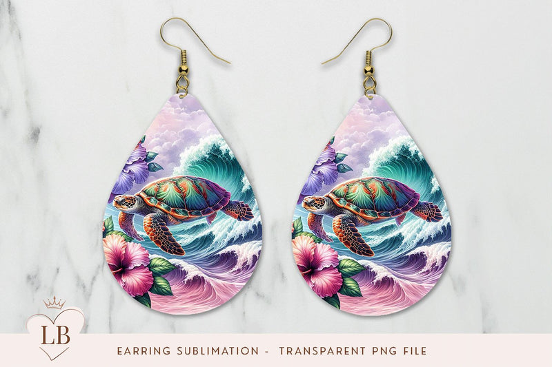 Sea Turtle Wave Teardrop Earrings PNG Sublimation BijouBay 