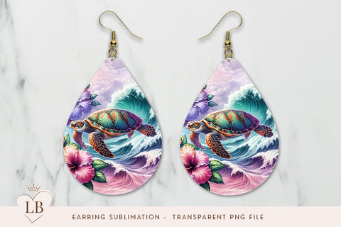Sea Turtle Wave Teardrop Earrings PNG Sublimation BijouBay 