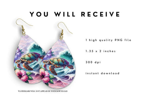 Sea Turtle Wave Teardrop Earrings PNG Sublimation BijouBay 