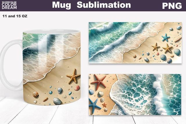 Sea Wave Mug Sublimation | Beach Ocean Mug Wrap Sublimation WatercolorColorDream 