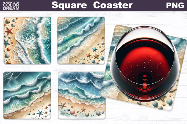 Sea Wave Square Coaster | Beach Ocean Square Coaster Sublimation WatercolorColorDream 