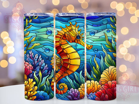 Seahorse Tumbler, Stained Glass Design, 20oz Skinny Tumbler, Sublimation PNG, Ocean Decor, Marine Life Gift, Coastal Aesthetic Sublimation SvggirlplusArt 