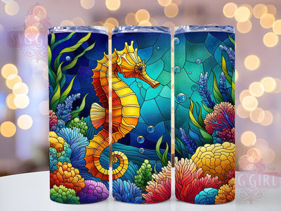 Seahorse Tumbler, Stained Glass Design, 20oz Skinny Tumbler, Sublimation PNG, Ocean Decor, Marine Life Gift, Coastal Aesthetic Sublimation SvggirlplusArt 