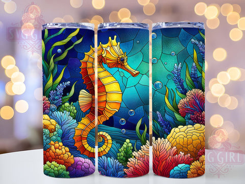 Seahorse Tumbler, Stained Glass Design, 20oz Skinny Tumbler, Sublimation PNG, Ocean Decor, Marine Life Gift, Coastal Aesthetic Sublimation SvggirlplusArt 